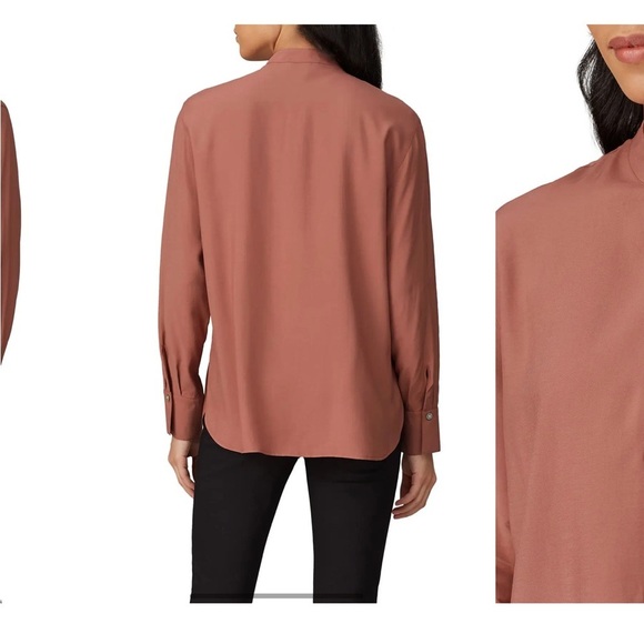 VINCE Relaxed Band Collar Blouse Terracota Button Front Satin Pearl Buttons XL - Picture 11 of 13